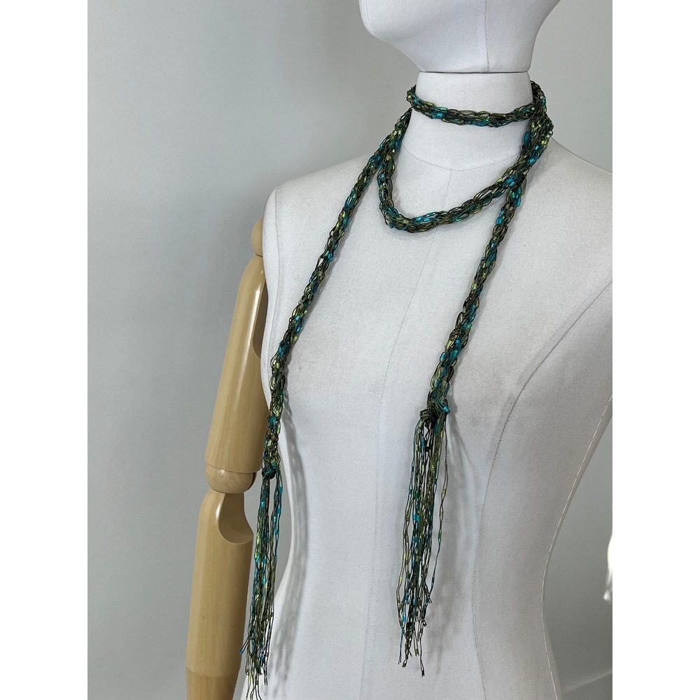 Vintage Y2K Skinny Scarf Braided Metallic Teal Green Fringe Tassel Boho Wrap